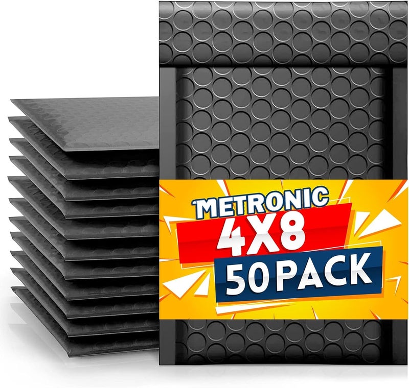 Metronic مغلفات فقاعية متروينك 4x8 بوصة 50 حزمة، مغلفات فقاعية سوداء، أكياس شحن ذات لاصق ذاتي مقاومة للماء، مغلفات مبطنة للشحن، البريد، التعبئة، بالجملة #000، حجم مغلفات فقاعية قابل للاستخدام 4x7 - Image 1